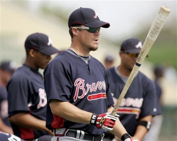 Atlanta Braves Chipper Jones takes batting practice prior to the