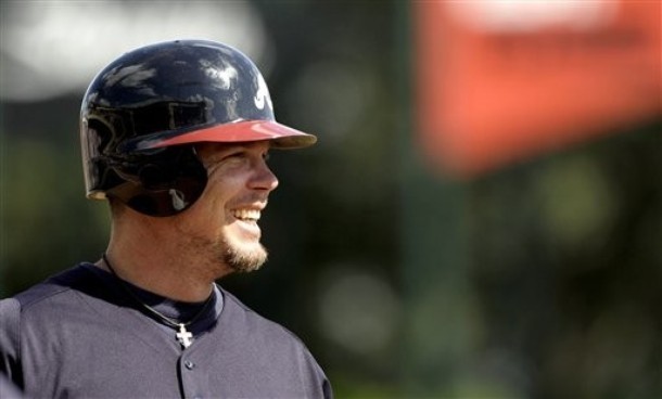 Atlanta Braves Chipper Jones takes batting practice prior to the